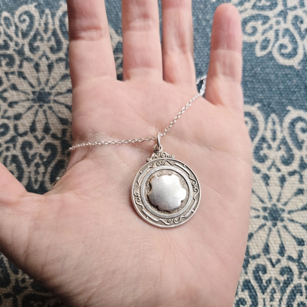 Vintage British Ornate Silver Shield Medal Necklace